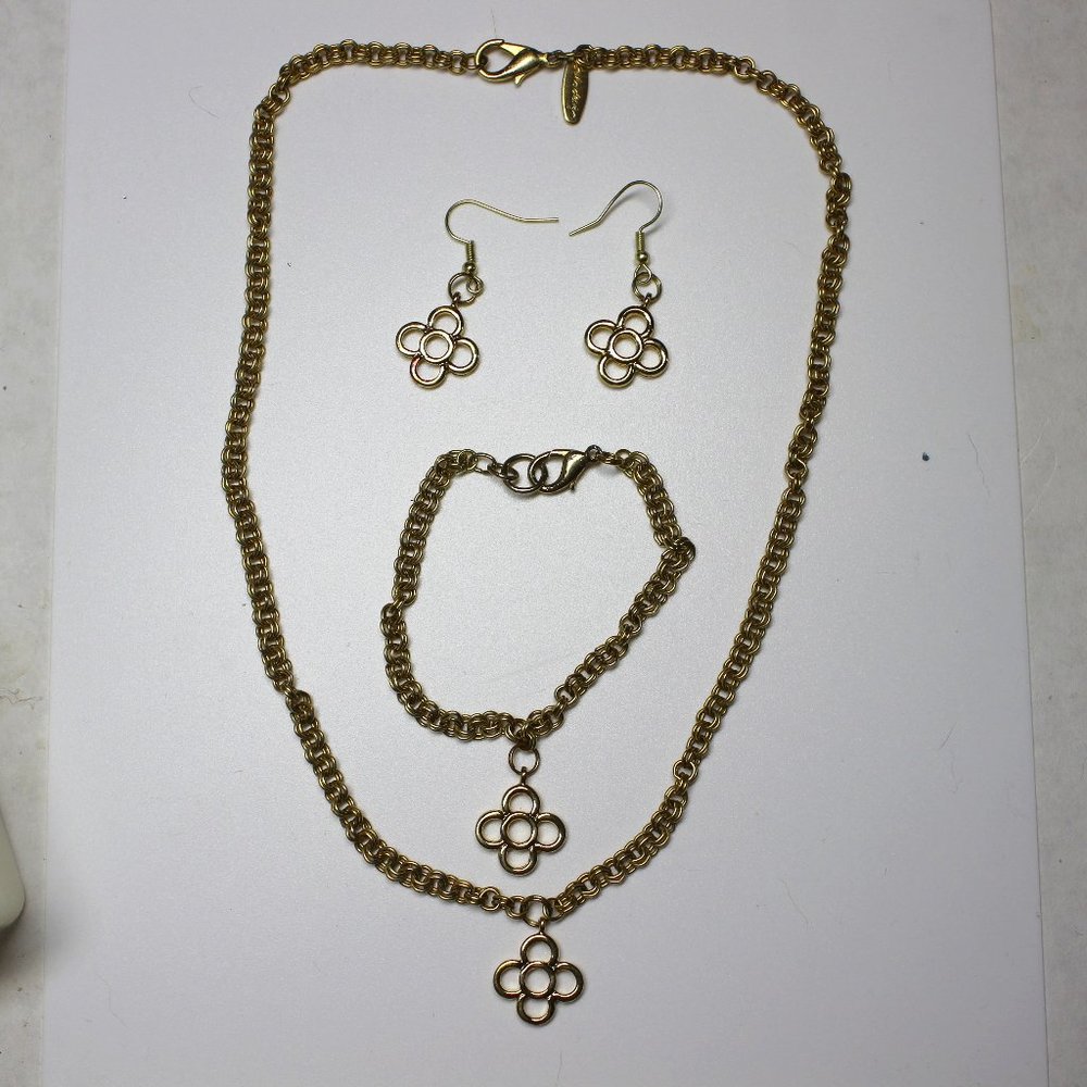 Handmade Simple Gold Flower Charm Necklace, Bracelet And Earring Set
